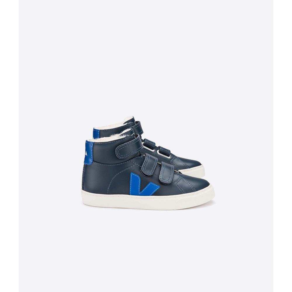 Kids\' Veja ESPLAR MID FURED LEATHER High Tops Blue/Navy | SG 691BEX